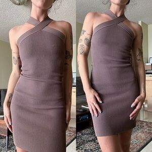 Aritzia Babaton Ionic Grey Sculpt Knit Ribbed Halter Mini Dress in Size Small